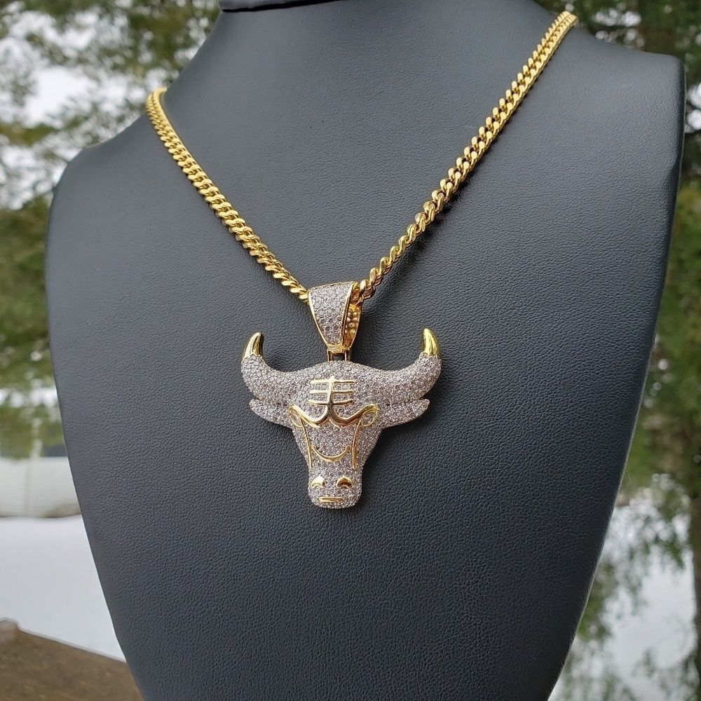 14k GP Simulated Diamond Bull Necklace - Picture 3 of 4
